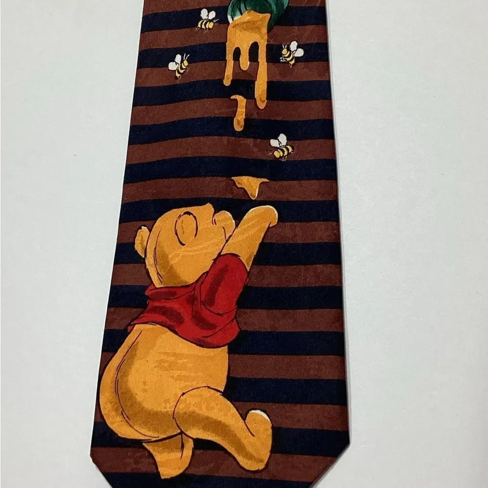 Winnie the Pooh Bear Striped Tie Honey Bees Navy Brown Stripe Print Classic